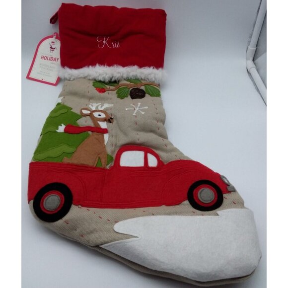 Pottery Barn Kids Kris Woodland Red Car Reindeer Christmas Tree Quilted Stocking - Picture 1 of 11
